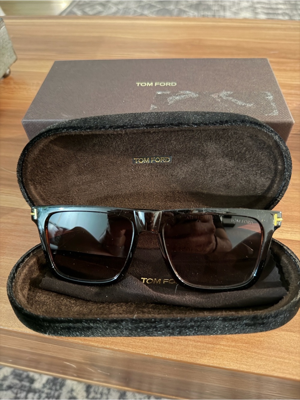 Tom Ford Dark Brown Square Sunglasses with Gold T Accents